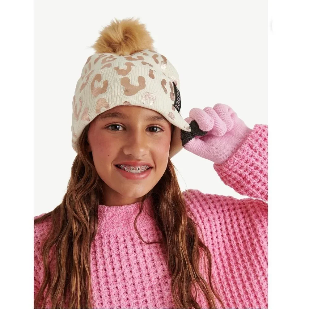 Girls Justice Ribbed & Full Print Winter Cozy Beanie and Gloves 2, 2-Piece Sets